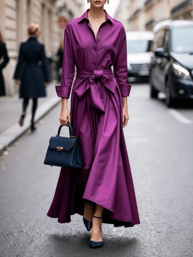 Solid Color Maxi Dress Lace-up Windbreaker Skirt