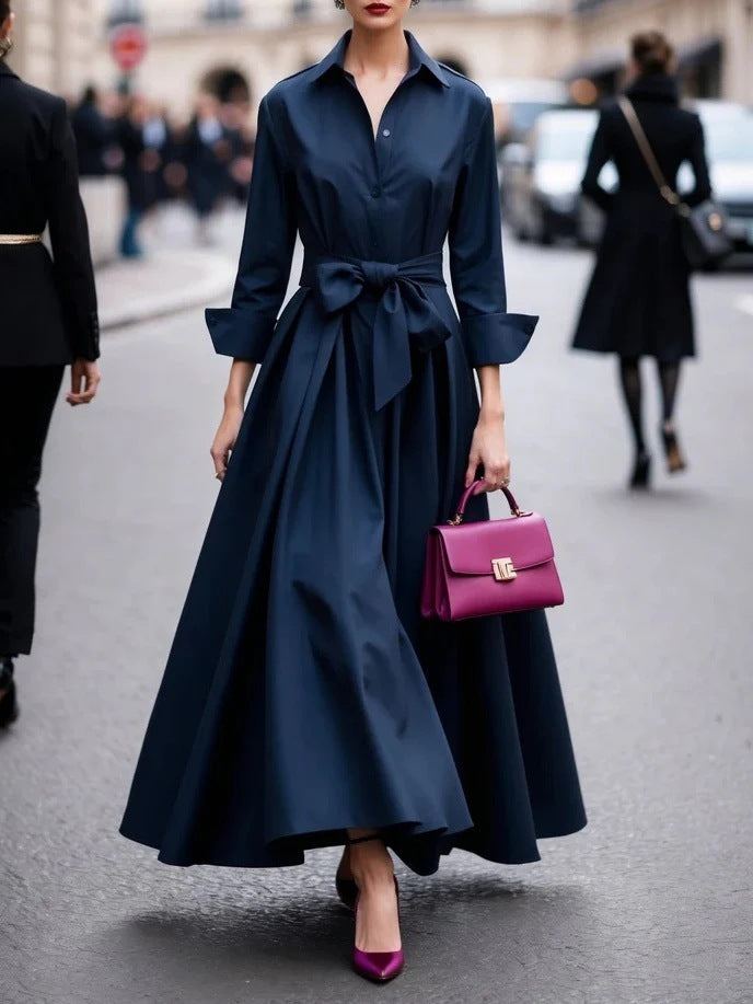 Solid Color Maxi Dress Lace-up Windbreaker Skirt