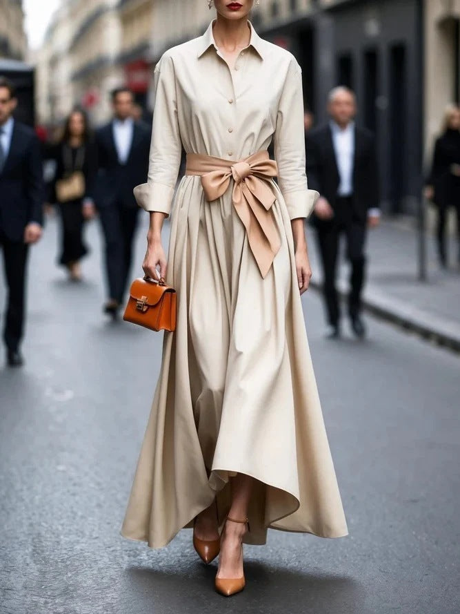Solid Color Maxi Dress Lace-up Windbreaker Skirt