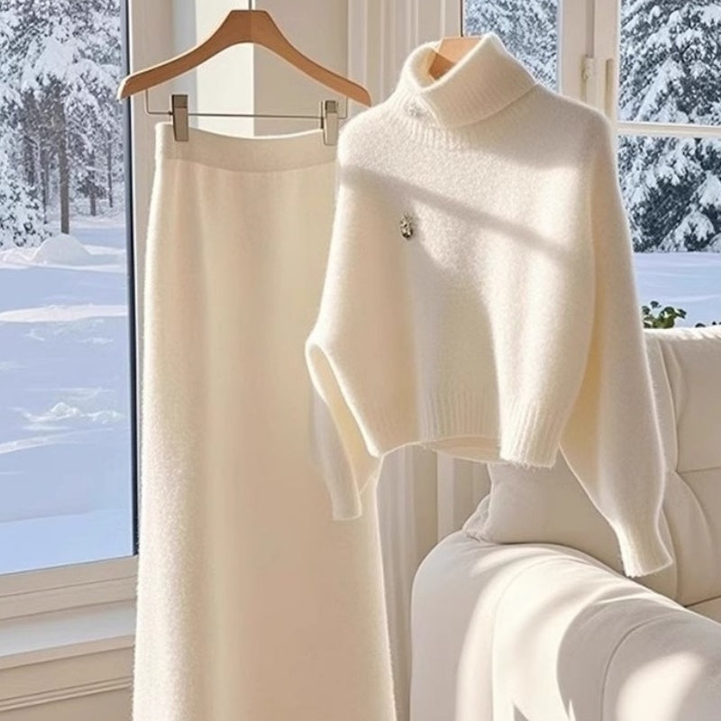 High-grade White Temperament Thick Sweater Skirt Suit