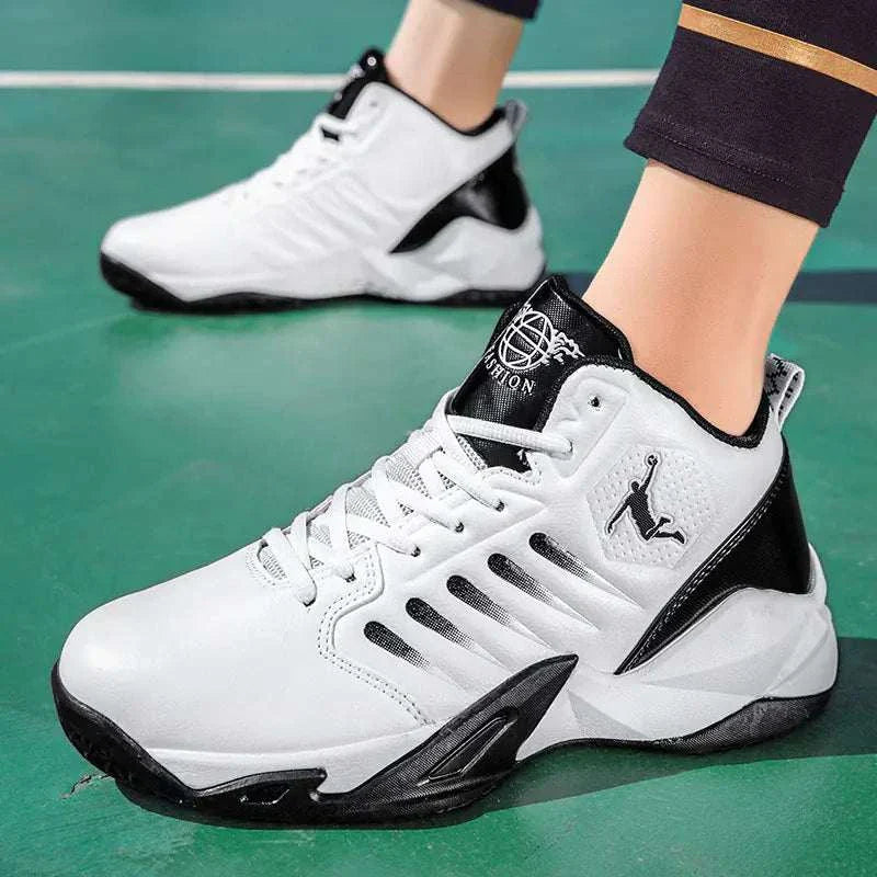 Stylish shoes and bags featuring sleek white athletic shoes with black accents, perfect for active lifestyles.