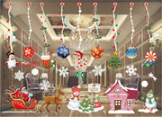 Colorful Christmas window stickers with Santa, reindeer, snowmen, ornaments, candy canes, and holiday decorations hanging in a festive room