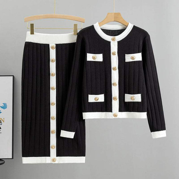 Black and white skirt knitted cardigan two-piece set for women autumn and winter