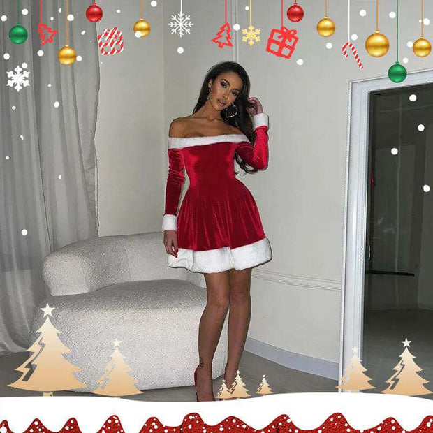 Woman wearing red off-shoulder plush trim Santa dress Christmas costume indoors