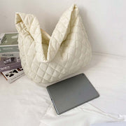 white quilted warm totes shoulder bag for women winter shopping large nylon tote with soft handles and zipper closure