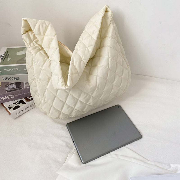 white quilted warm totes shoulder bag for women winter shopping large nylon tote with soft handles and zipper closure