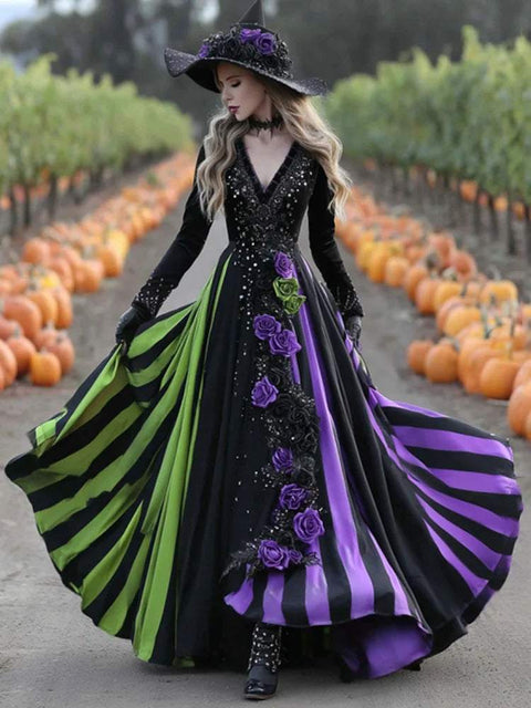 V-neck Long Sleeve Dress Large Swing Dress Halloween Dress