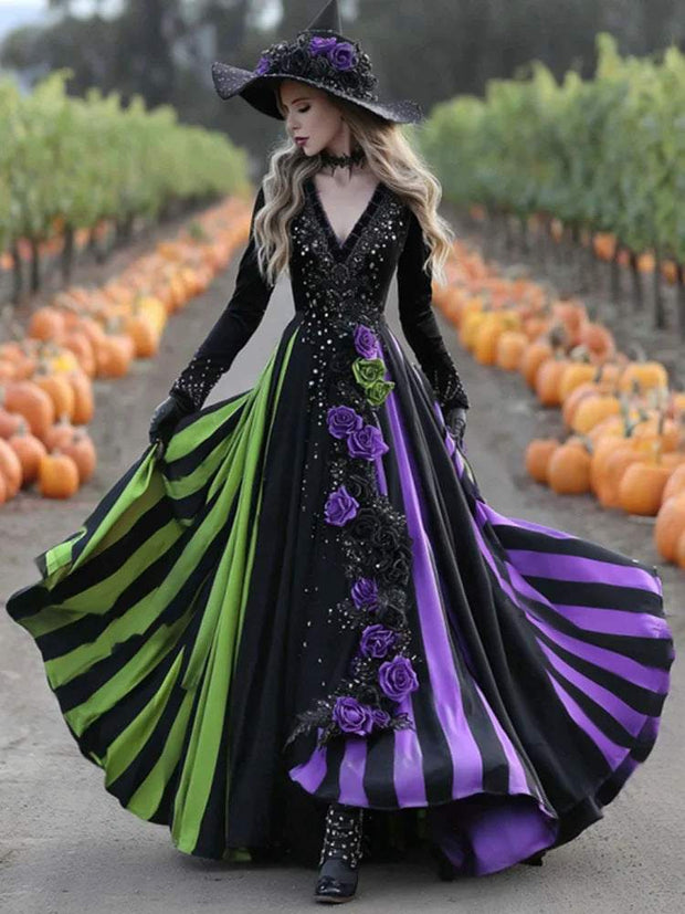 V-neck Long Sleeve Dress Large Swing Dress Halloween Dress
