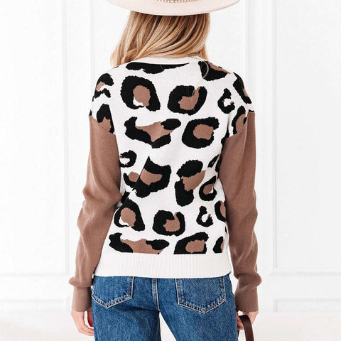 Fashionable Leopard Print Printed V-neck Knitted Sweater