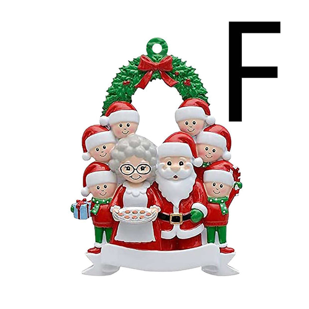 Christmas wooden pendant decoration featuring Santa, Mrs. Claus, elves, and a wreath with a red bow