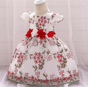 white and red floral baby girls party dress with ribbon belt and puff sleeves children's clothing