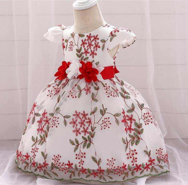 white and red floral baby girls party dress with ribbon belt and puff sleeves children's clothing
