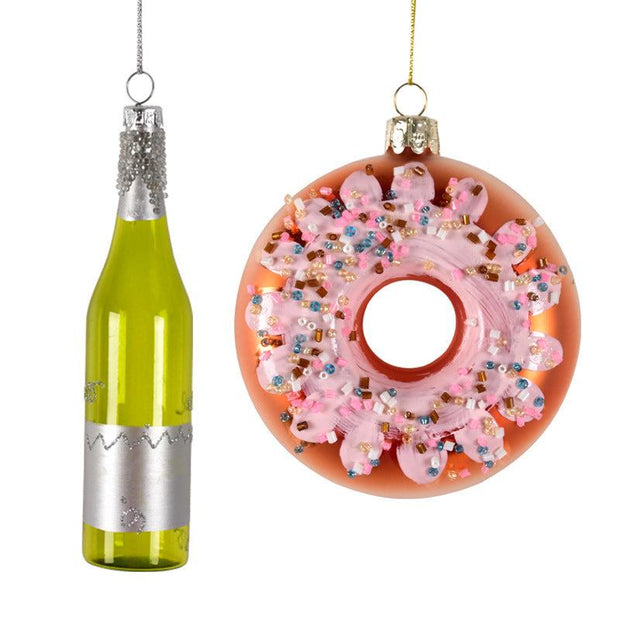 Glass Christmas decorations pendant set featuring golden yellow and green donut and wine bottle ornaments