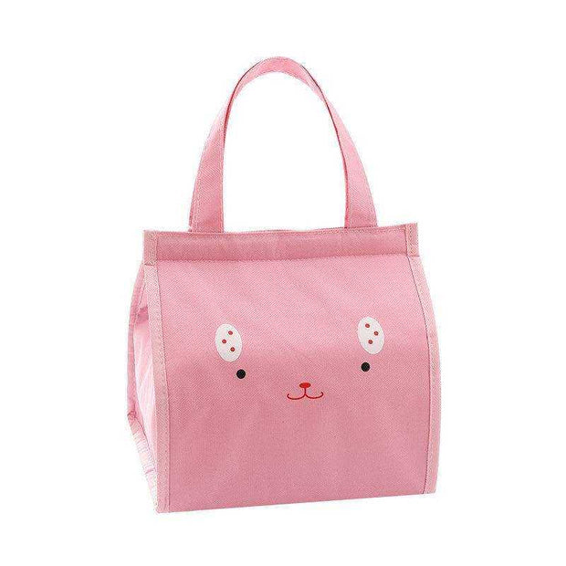 Pink thermal lunch bag for kids with cartoon face design and insulated cooler feature