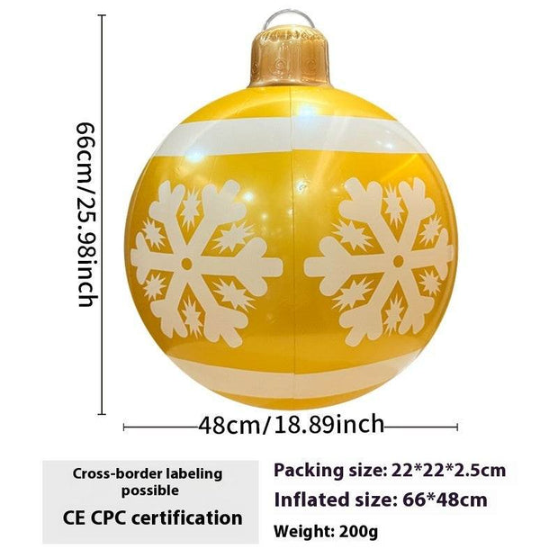 Inflatable yellow Christmas ball decoration with white snowflake pattern and LED light, 66x48cm outdoor garden ornament