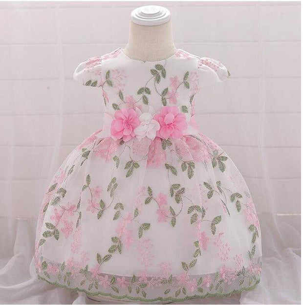 Floral pink and white fluffy girls' party dress for infants and toddlers children's clothing