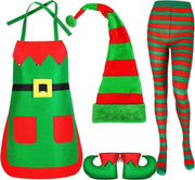 Christmas cosplay clothing set with green and red elf apron, striped hat, and matching tights