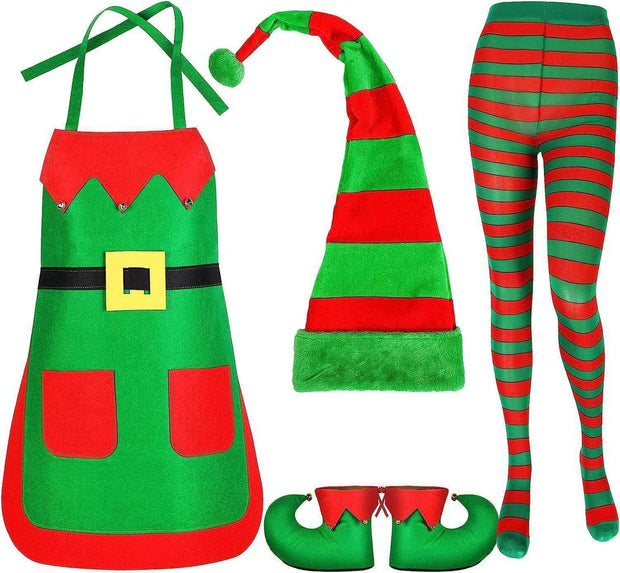 Christmas cosplay clothing set with green and red elf apron, striped hat, and matching tights