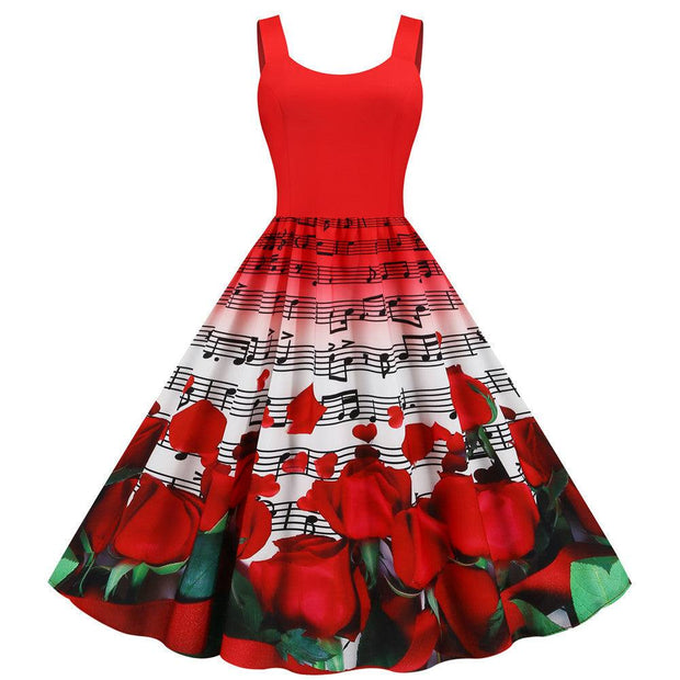 Valentine's Day print cotton blend party dress with red rose and music note design