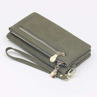 green PU leather women's long wallet with zipper and wrist strap, horizontal square fold design