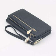 Black women's long wallet with zipper and multiple compartments made of PU leather
