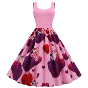 Pink Valentine's Day print party dress with heart and cat patterns on flared skirt