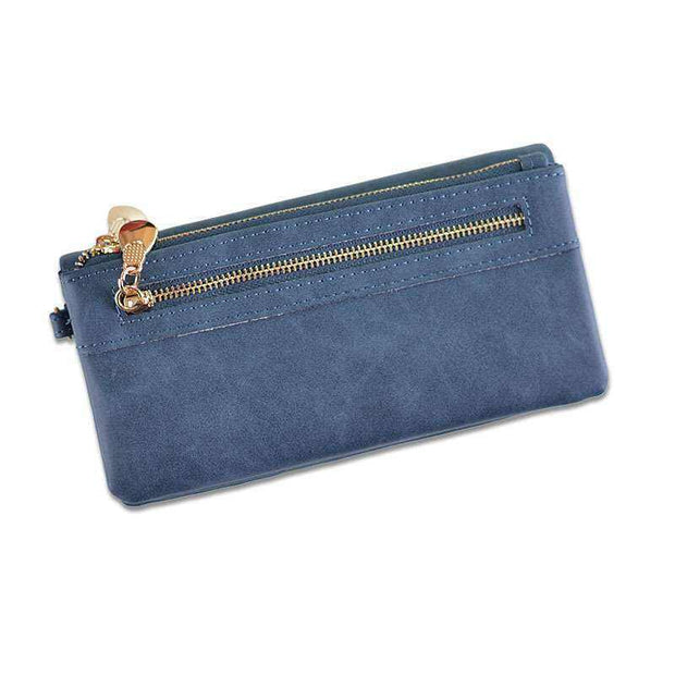 Blue women's long wallet with zipper and synthetic leather material, horizontal square shape.