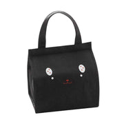 Black waterproof oxford cloth thermal lunch bag with cute cartoon face design and handle.