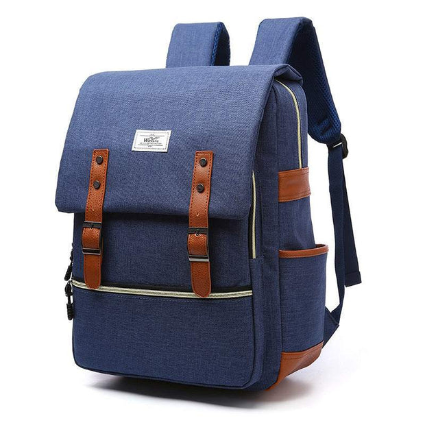 Vintage men women canvas backpack with leather straps, USB charging port, suitable for school, travel, and laptop use