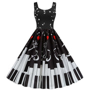 Black Valentine's Day print party dress with musical notes and piano keys design