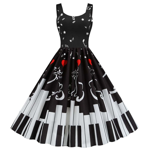 Black Valentine's Day print party dress with musical notes and piano keys design
