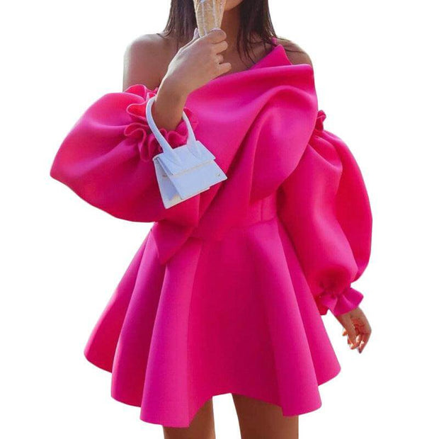 Sexy rose red mini party dress with pleated puff sleeve and one shoulder design