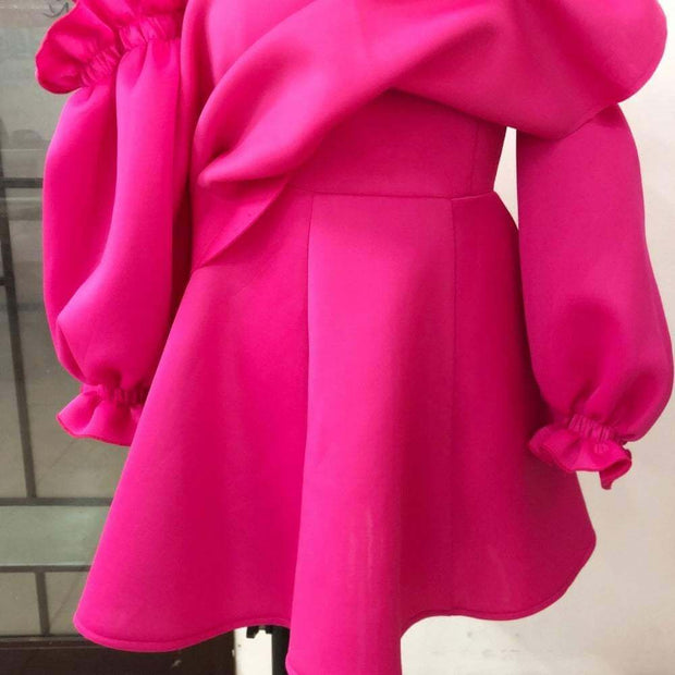 Rose red mini party dress with pleated puff sleeves and ruffle skirt detail