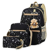 Black star print school bag set for girls with backpack, shoulder bag, and pencil case