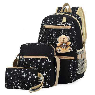 Black star print school bag set for girls with backpack, shoulder bag, and pencil case