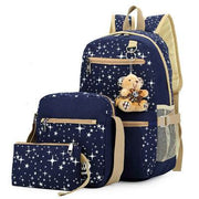 Blue star-patterned Korean style school bag set for girls with double straps and soft handle