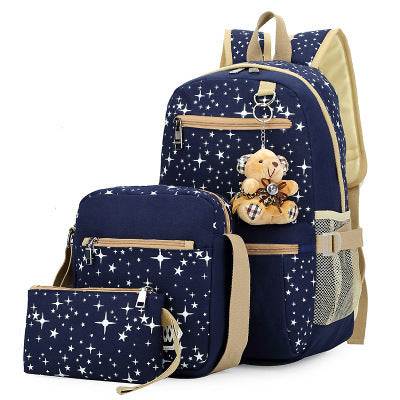 Blue star-patterned Korean style school bag set for girls with double straps and soft handle