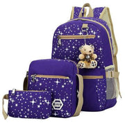 Purple star pattern school bag set for girls with backpack, shoulder bag, and pouch