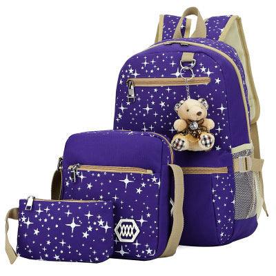 Purple star pattern school bag set for girls with backpack, shoulder bag, and pouch