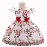 Floral embroidered baby girl’s fluffy birthday party dress with red and white flower belt, summer children’s clothing