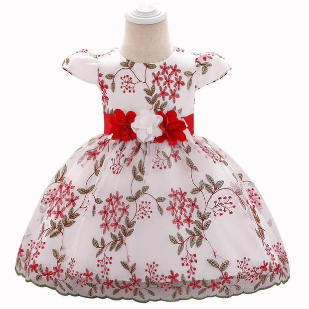 Floral embroidered baby girl’s fluffy birthday party dress with red and white flower belt, summer children’s clothing