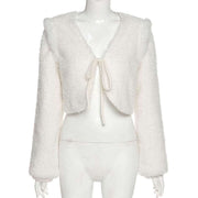 White rabbit fur cropped coat with long sleeves for Christmas annual party dress