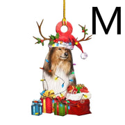 Christmas wooden pendant decoration featuring a dog with reindeer antlers and colorful gifts
