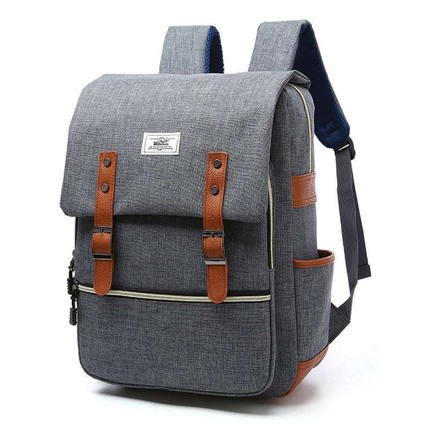 Vintage men women canvas backpack with leather straps and USB charging port
