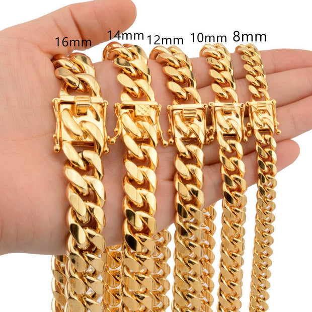 Hot stainless steel link gold Miami Cuban chain necklace and bracelet in various widths on hand