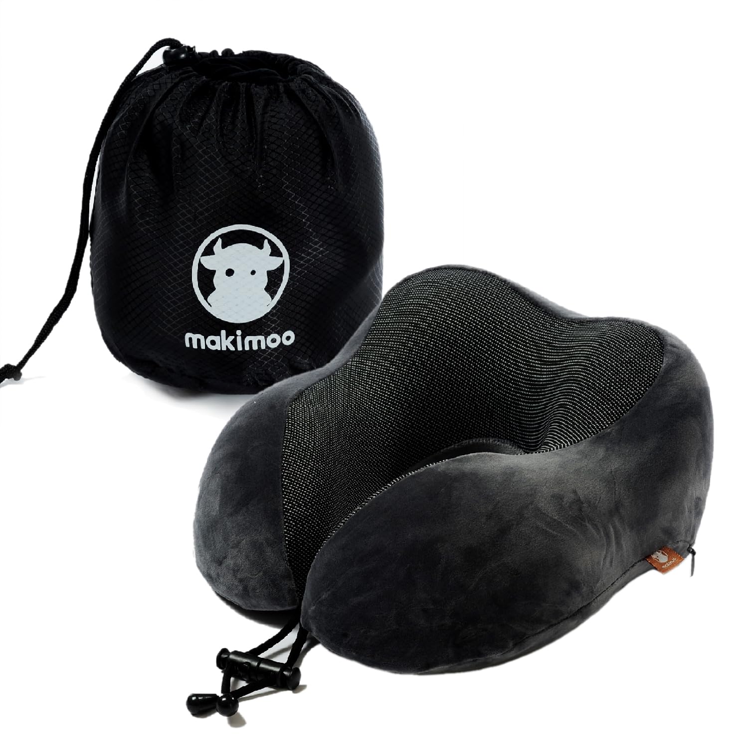 Makimoo 360 memory foam travel neck pillow with storage bag, ideal for travel and comfort.