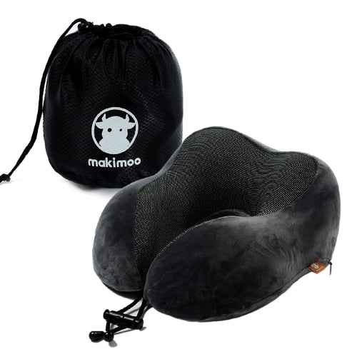 Makimoo 360 memory foam travel neck pillow with storage bag, ideal for travel and comfort.