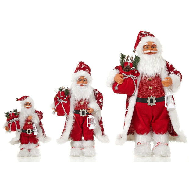 Set of three Christmas Doll Ornaments in red Santa outfits with gifts and lanterns in European and American style