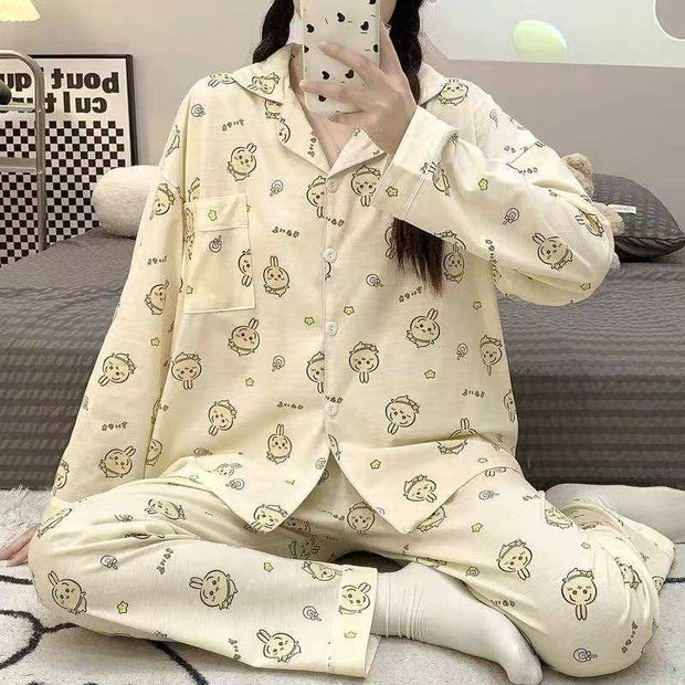 Pajamas Women's Loose And Cute Cartoon Long Sleeve Trousers Home Wear Two-piece Suit