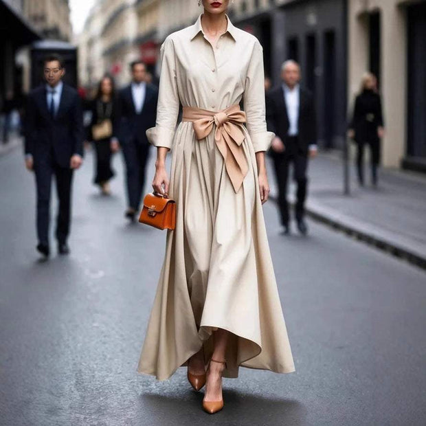 Solid Color Maxi Dress Lace-up Windbreaker Skirt